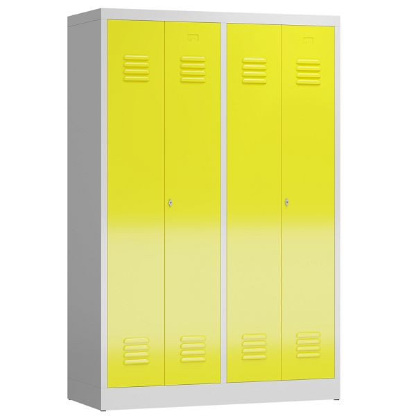Lüllmann ClassiX kledingkast, 4 vakken, elk 2 sluitend in het midden, 1800 x 1185 x 500 mm, lichtgrijs/zinkgeel, X-510446
