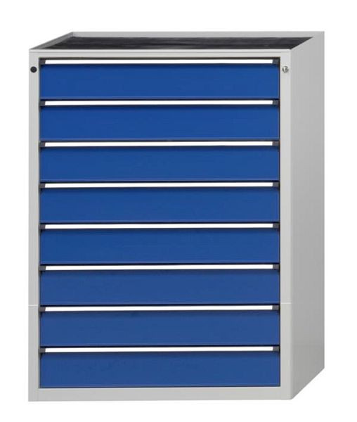 ANKE ladekast; 915 x 700 x 1320 mm; RAL 7035/5010; Massief beuken blad 40 mm; 8 laden, 610.303