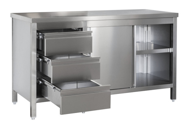 A&S Gastro RVS werkkast met ladeblok links, deuren, tussenplank, diepte 600mm, AISI 304, 900 x 600 x 850 mm, ARSSBL096