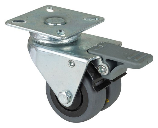 BS rollenapparaat dubbele rol met rem, breedte 2x18 mm, Ø50 mm, 60 kg, grijs rubber, elektrisch geleidend, kogellager, VE 2 stuks, B120.A89.050