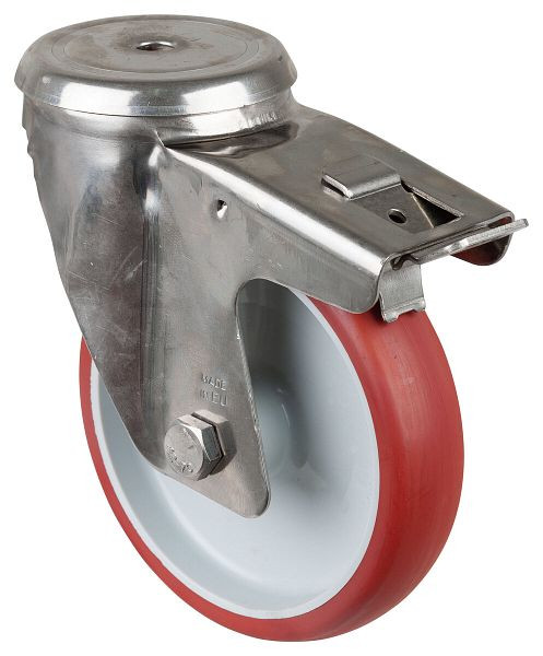 BS rollen RVS transportrol met rem, B35 mm, Ø150 mm, tot 200 kg, rood polyurethaan oppervlak, kunststof behuizing, glijlager, H121.B26.150