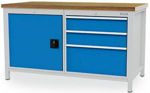 Bedrunka + Hirth box werkbank breedte 1500 mm, R24-24, 3 x lade, 1 x vleugeldeur, 1 x plank afmetingen in mm (BxDxH): 1500 x 750 x 859, 03.15.17VA
