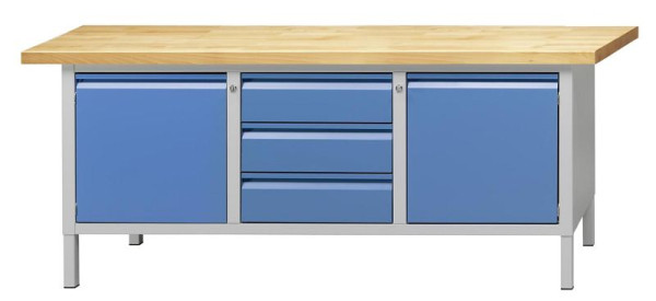 ANKE kastwerkbank; 2000x700 mm; RAL 7035/5012; Links 1 deur 510 mm; Midden 3 laden 170 mm; Rechts 1 deur 510 mm