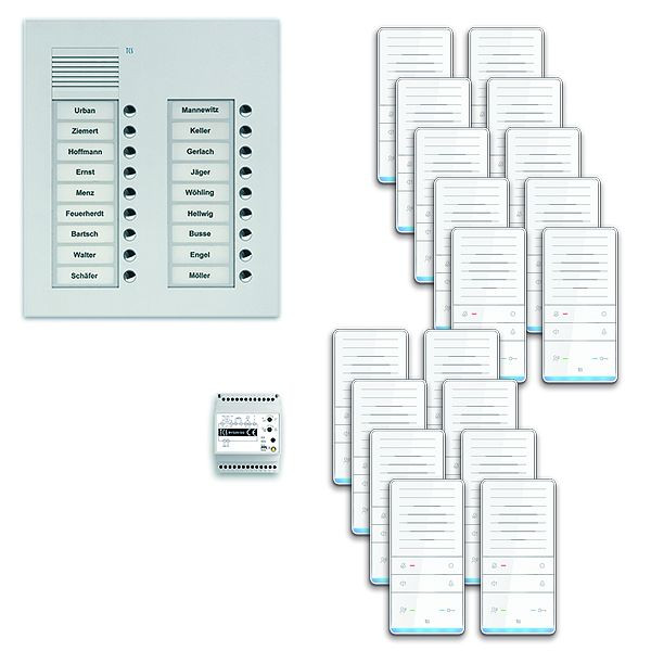 TCS deurbediening audio: pack UP voor 18 wooneenheden, met buitenstation PUK 18 belknoppen 2-koloms, 18x handsfree luidspreker ISW5031, bediening, PAUF182 / 001
