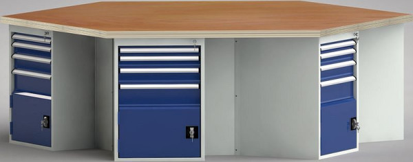 KLW standaard werkbank in zeshoekige vorm (ERGO-versie) met beuken multiplex blad in zeshoekige vorm 2338 x 2700 x 45 mm L x B x S, WS620N-1350M40-E8014