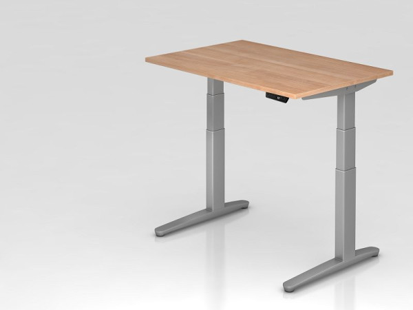 Hammerbacher elektrisch zit-sta bureau 120x80cm walnoot/zilver, rechthoekige vorm, VXBHM12/N/SS