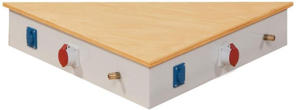 ANKE zijbevestiging zijkant lengte 1070 mm; 3-Eck groep werkbank; 1xCEE-aansluiting met deksel aan elke kant; 1x Schuko-aansluiting met deksel; 1xSchnellkupplung