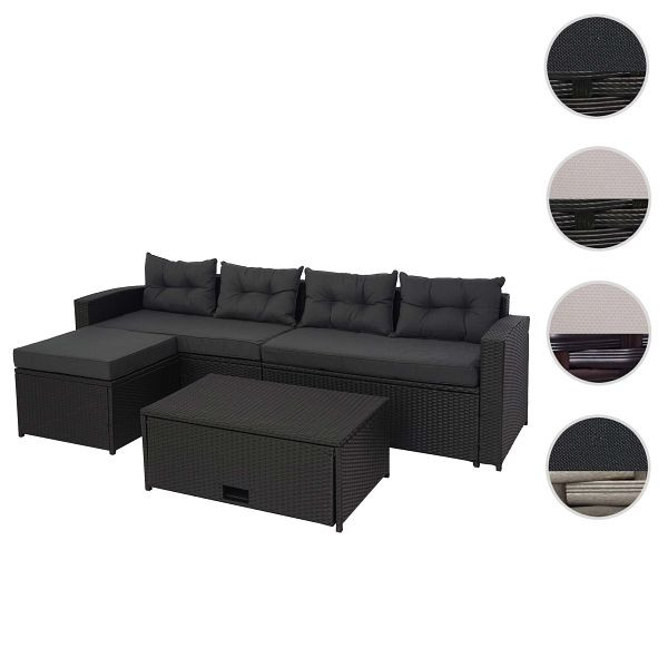 Mendler poly rotan set HWC-J34, balkon-/tuin-/loungeset, bank, opbergvak, zwart, donkergrijze kussens, 77078+77079+77080