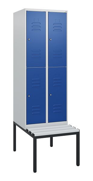 C+P dubbeldekskast Classic PLUS, 2 vakken, 1950x600x815mm, 7035/5010, cilindersloten, met bank eronder, 0803505-20 S10078