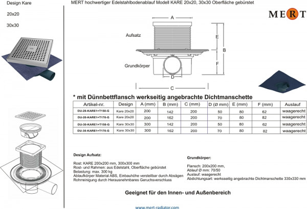 MERT basislichaam, flens 50 mm dia., afdichtmanchet voorgemonteerd in de fabriek, horizontale afvoer, afvoerbevestiging Ø 100 mm, afvoer met Ø 50 mm, DU-T150-G
