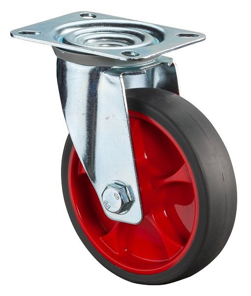 BS rollen transportwiel zwenkwiel, thermoplastisch rubberen wiel, grijze band, rollager, plaat, diameter: 125 mm, verpakking: 2 stuks, L400.B44.126.03
