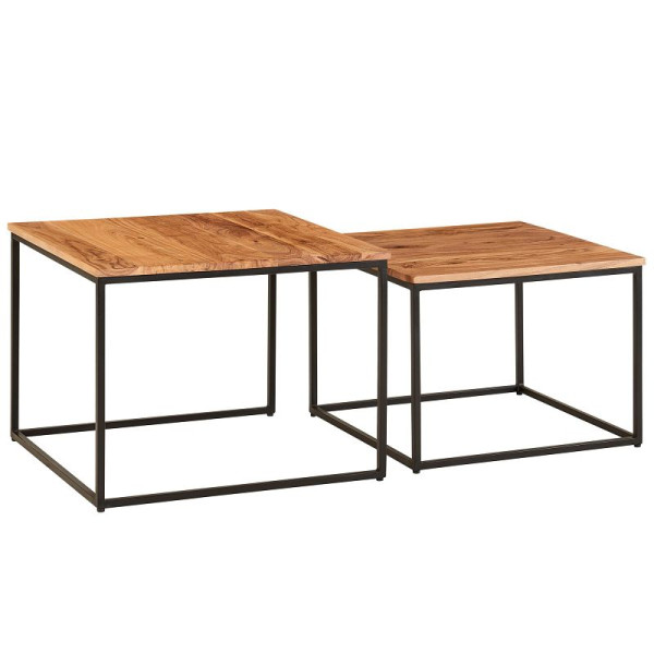 Wohnling woonkamertafel set van 2 massief acaciahout/metaal bijzettafel vierkant design salontafel met metalen poten banktafel WL6.364