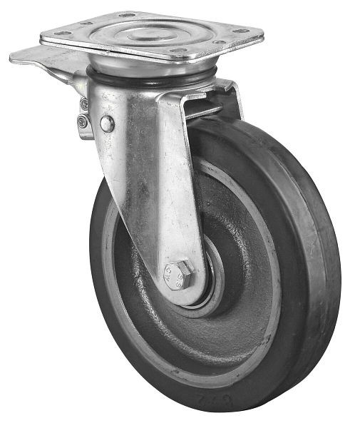 BS Rolls Zwaarlastwiel met rem, breedte 50 mm, Ø200 mm, tot 450 kg, zwarte elastische banden, gegoten wiellichaam, kogellagers, N120.B81.202