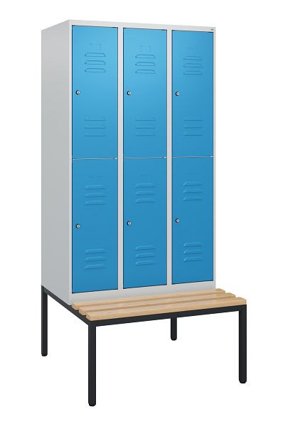 C+P dubbeldekkerkast Classic PLUS, 3 vakken, 1950x900x815mm, 7035/5012, cilindersloten, beukenhouten zitlat, bank, 0803505-30 S10034