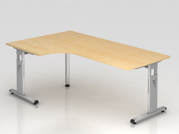 Hammerbacher hoektafel C-poot 200x120cm 90° esdoorn/zilver, hoekvorm 90°, links of rechts monteerbaar, werkhoogte 65-85 cm, VOS82/3/S
