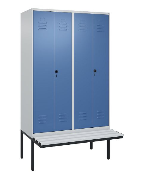 C+P Umkleidespind Classic PLUS SW, 4 Abteile, 2120x1200x815mm, 7035/5023, Drehriegel, Untergestell & Sitzfläche, 0800427-40 S10035
