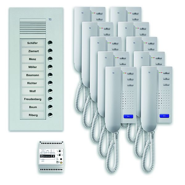 TCS deurbedieningssysteem audio: pak UP voor 10 wooneenheden, met buitenpost PUK 10 belknoppen, 10x deurtelefoon ISH3030, bedieningseenheid BVS20, PPU10-EN / 02