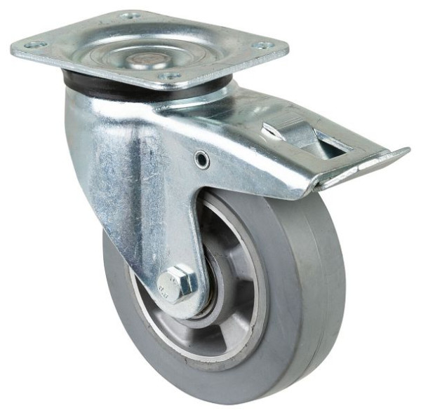 BS Rolls Zwaarlastwiel met rem, breedte 50 mm, Ø160 mm, tot 300 kg, grijze elastische banden, aluminium wiellichaam, kogellagers, L620.B83.160