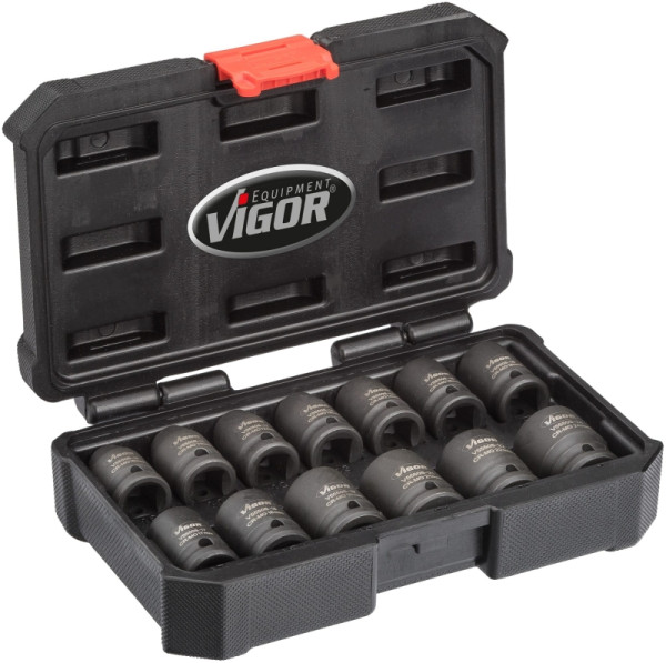 VIGOR slagmoersleutel dopsleutelset, kort, hol vierkant 12,5 mm (1/2 inch), buitenzeskantprofiel, 10 - 24, aantal gereedschappen: 13, V5550S