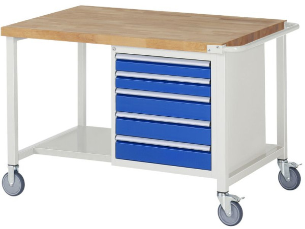 RAU verrijdbare werkbank 8000 - model 8171, B1250 x D900 x H880-1080 mm, systeemonderstel B1245 x D850 mm, 5 laden, 05-8171A6-129B4H.11