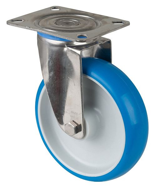 BS rollen RVS transportrol, breedte 39 mm, Ø125 mm, tot 130 kg, loopvlak polyurethaan blauw, wiellichaam kunststof, glijlager, plaat, H100.B32.125