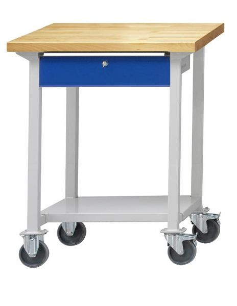 ANKE werktafel; mobiel; 800x800 mm; RAL 7035/5010; 1x hanglade (BL); 1x legbord van plaatstaal 60