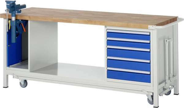 RAU neerlaatbare werkbank 8000 - model 8187, B2000 x D700 x H880 mm, 5 x lade afmeting L 2xH90, 3xH120 mm, 05-8187A6-207B4F.11