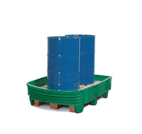 DENIOS veiligheidsbak SW van polyethyleen (PE) met flexibel front, voor 2 vaten van 200 liter, groen, 149-190