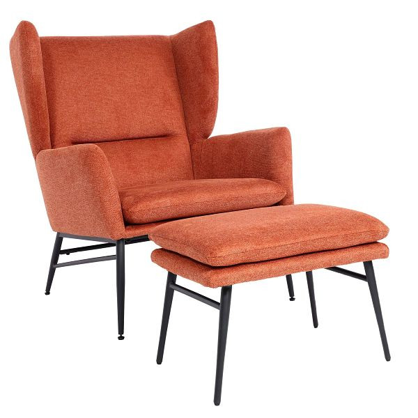 Mendler fauteuil met poef HWC-L62, oorfauteuil, gestoffeerde stoel, cocktailstoel, kruk, stof/textiel, terracotta bruin, 117256+117259