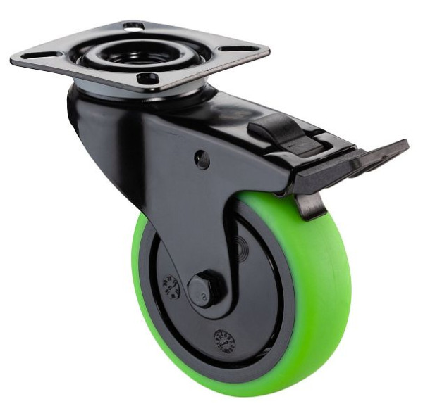 BS Castors Zwenkwiel met zwarte rem, groen thermoplastisch rubberen wiel, kogellager, plaat, diameter: 75 mm, VE = 4 stuks, A820.A85.075.04
