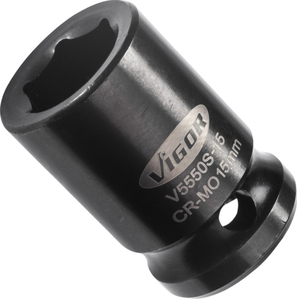 VIGOR slagmoersleuteldop, kort, hol vierkant 12,5 mm (1/2 inch), buitenzeskantprofiel, 15 mm, V5550S-15