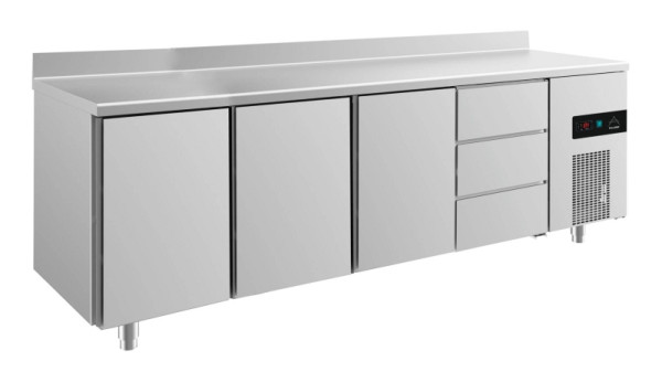 A&S Polarny koeltafel -2 tot +8°C met 3x deuren en 1x drie laden rechts, 2330 x 700 x 850 mm, met opstaande rand, KT4TTTDA