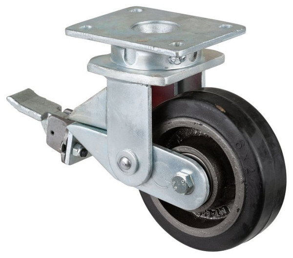 BS-wielen Geveerde zwaarlastwielen met rem, breedte 50 mm, Ø150 mm, tot 350 kg, zwarte elastische banden, gegoten wiellichaam, kogellagers, T120.B81.150
