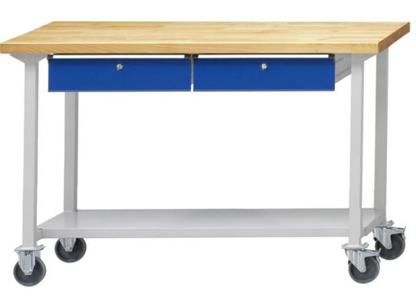 ANKE werktafel; mobiel; 1500x800 mm; RAL 7035/5010; 2xHängeschublade; 1x legbord van plaatstaal, 600 mm diep