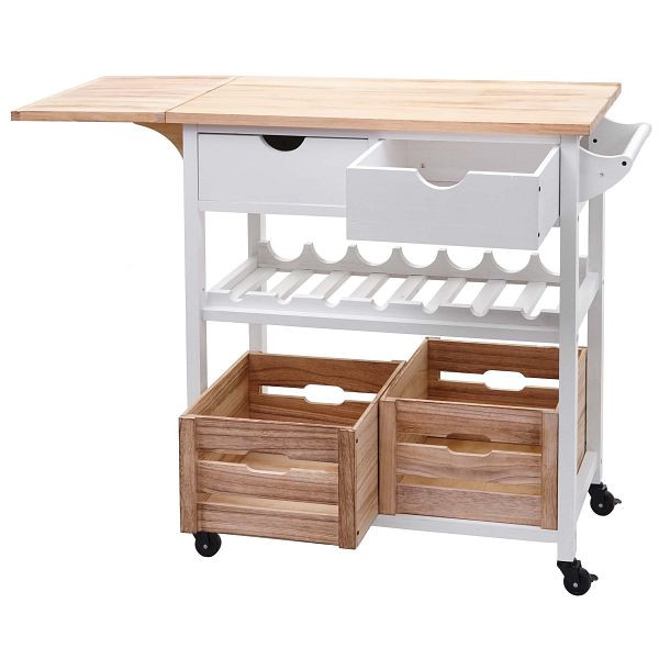 Mendler HWC-G35 serveerwagen, keukenwagen, wagen, keukenhulp, zijwagen, theewagen, grenenhout 89x119x41cm, naturel wit, 71367