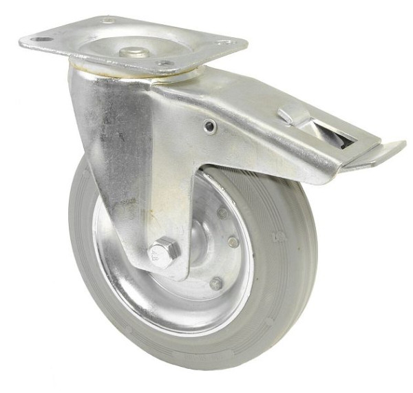 BS rollen transportrol met rem, breedte 50 mm, Ø200 mm, tot 205 kg, grijs rubberen loopvlak, wiellichaam stalen velg, rollager, plaat, L420.B56.200
