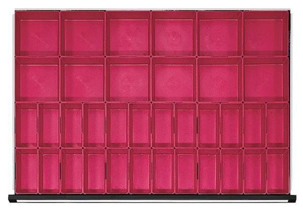 ANKE dozen met kleine onderdelen; voor lade 900 x 600 mm (BxD); 12 stuks van 150 x 150 mm + 24 stuks van 75 x 150 mm