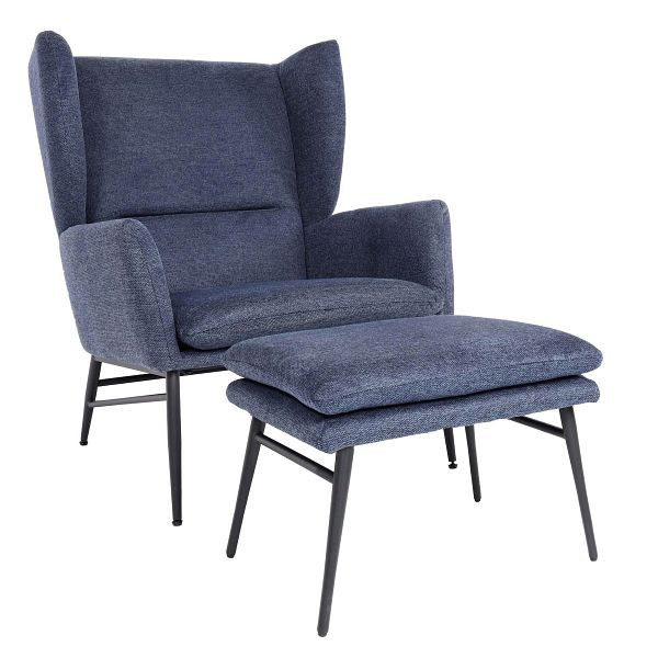 Mendler fauteuil met poef HWC-L62, fauteuil, gestoffeerde fauteuil, cocktailfauteuil, kruk, stof/textiel, blauw, 117257+117260