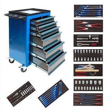 ADB BASIC werkplaatswagen met gereedschap, 115 stuks, afmetingen: HxBxD: 960 mm x 610 mm x 450 mm, carrosseriekleur: blauw, RAL 5010, frontkleur: grijs, RAL 7016, 21006