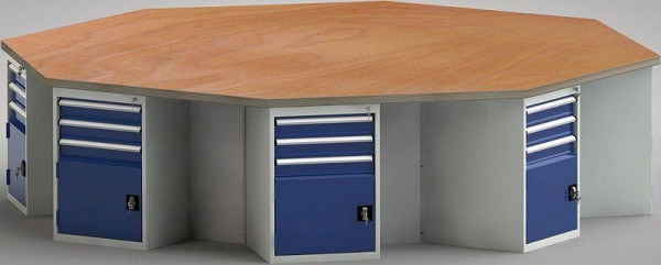 KLW standaard werkbank in achthoekige vorm met beuken multiplex blad in achthoekige vorm 3259 x 3259 x 40 mm L x B x S, WS670N-1350M40-E0002