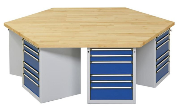 ANKE zeshoekige groepswerkbank; 6 werkplekken; 2340x2700 mm; RAL 7035/5010; Massief beuken blad 50 mm; Randlengte 1350 mm, model 606 VG