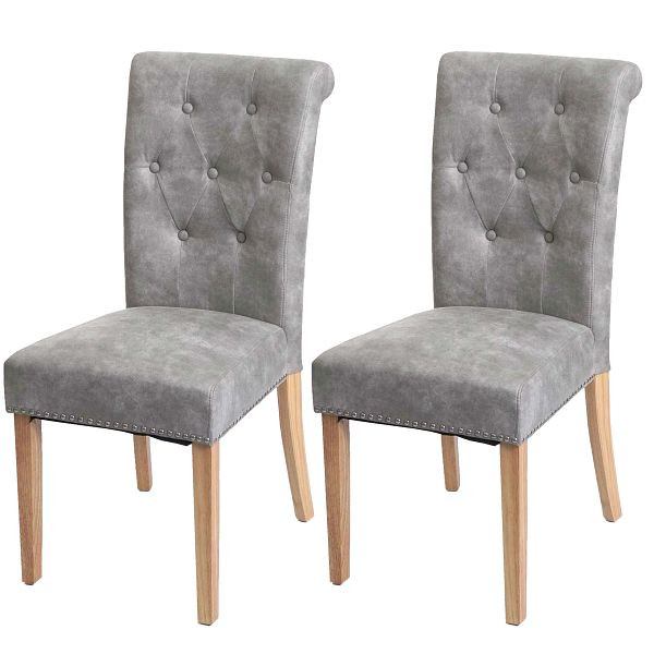 Mendler set van 2 eetkamerstoelen Chesterfield II, stoel keukenstoel, klinknagels, stof/textiel lichtgrijs, lichte poten, 82879