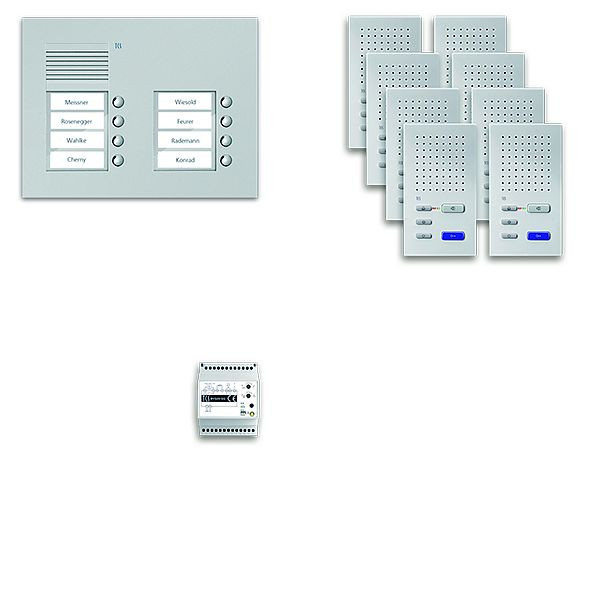 TCS deurbedieningssysteem audio: pack UP voor 8 wooneenheden, met buitenstation PUK 8 belknoppen 2-koloms, 8x handsfree luidspreker ISW3030, bediening, PPUF08 / 2-EN / 02