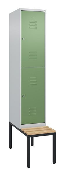 C+P dubbeldekkerkast Classic PLUS, 2120x400x815mm, 7035/6011, cilindersloten, zitlat van beukenhout, met zitbank eronder, 0803507-12 S10096