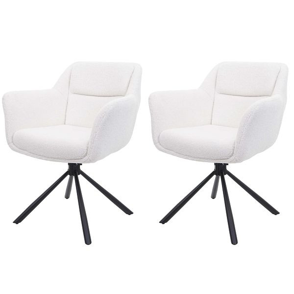 Mendler set van 2 eetkamerstoelen HWC-K33, keukenstoel, draaibare auto-position, stof/textiel, bouclé-wit, 89663