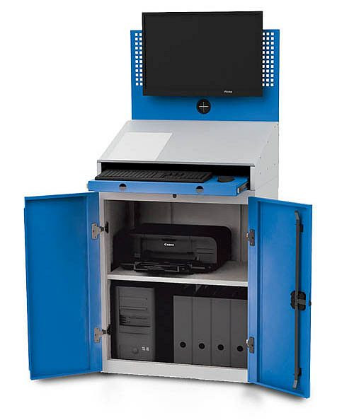 Bedrunka + Hirth stationaire computerkast, 1 x geperforeerde wand met flatscreen houder, 2 x vleugeldeuren, 1 x tafelblad, 680 x 500 x 1460 mm, 04.680.C125oRA