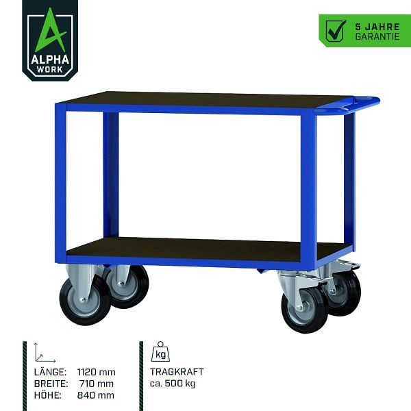 Alpha Werktafelwagen Basic, 1120 x 710 x 840 mm, gentiaanblauw, 500 kg draagvermogen, 07277