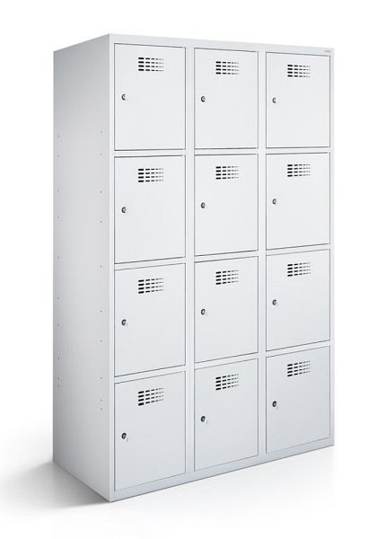 KEMMLIT lockerkast met 3 vakken en 12 deuren 40cm met gesloten bodem, lichtgrijs 7035, draaibare sluiting, 100655