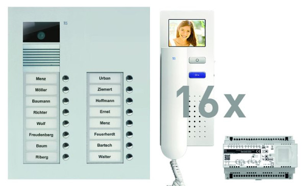 TCS deurbediening video: pack UP voor 16 wooneenheden, met voordeurstation AVU 16 belknoppen, 16x videodeurtelefoon IVH3222, bediening, PVU16160-0010