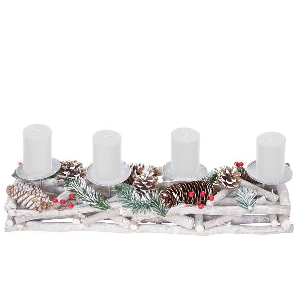 Mendler Adventskrans langwerpig, Kerstdecoratie Adventsarrangement, hout 11x15x50cm witgrijs, met kaarsen, wit, 56663